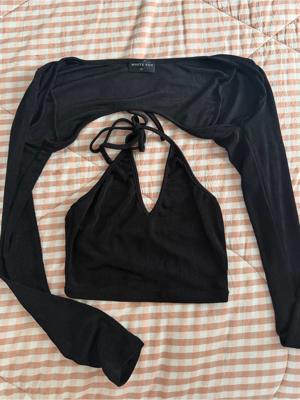 White Fox Boutique Black Halter Crop Top with Matching Shrug